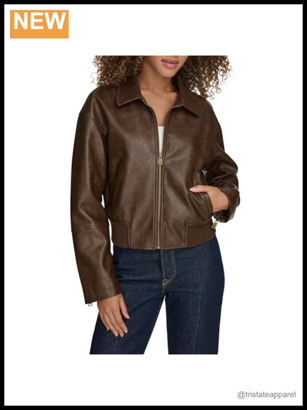 Faux Leather Bomber Jacket with Laydown Collar - Long Sleeve Motorcycle Style